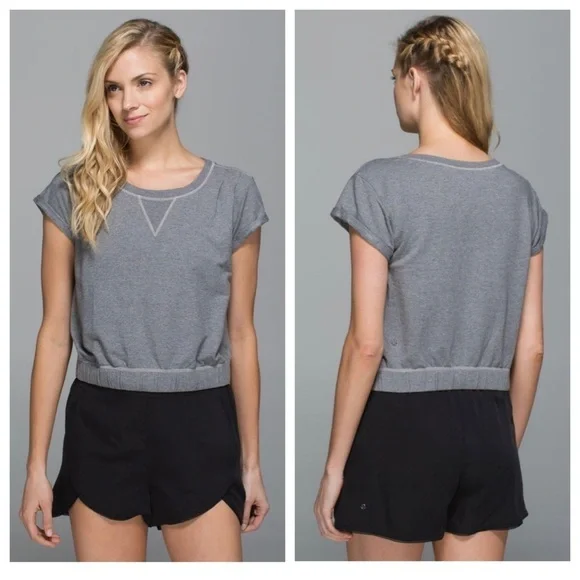 Lululemon Women's Roll Up Crop Top Shirt Short Sleeve Grey French Terry 6 - Picture 1 of 6